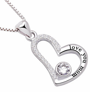 "I Love you MOM" Heart Necklace 18K White Gold Plated