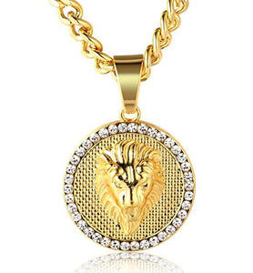 Pave King of the Jungle Lion Pendant Medallion Necklace