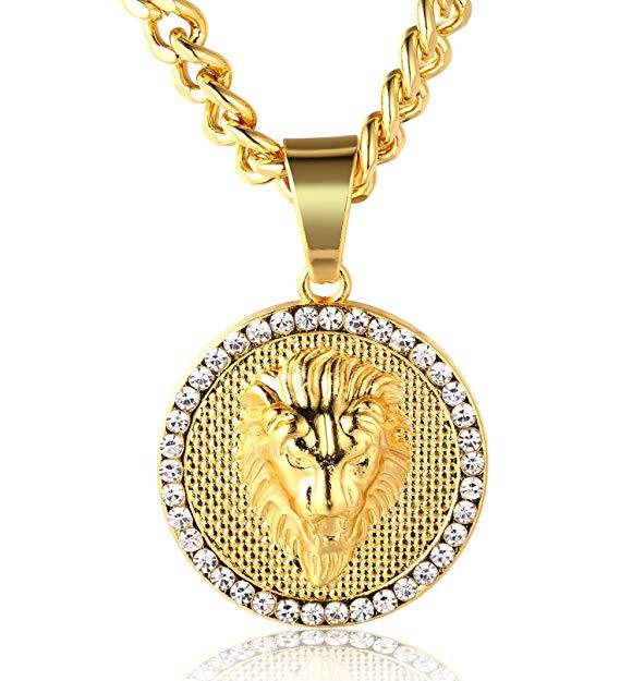 Pave King of the Jungle Lion Pendant Medallion Necklace