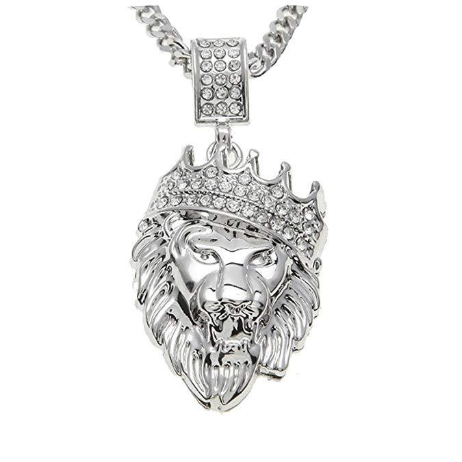 Pave King of the Jungle Lion Crown Pendant Medallion Necklace
