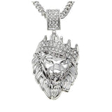 Pave King of the Jungle Lion Crown Pendant Medallion Necklace
