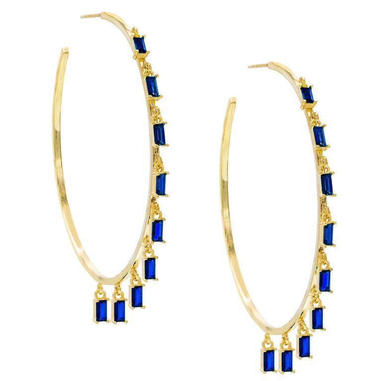 Pave Mini Baugette Dainty Sapphire 1.4" Hoop Earring