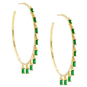 Pave Mini Baugette Dainty Emerald 1.4" Hoop Earring