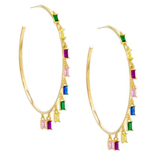 Pave Mini Baugette Dainty Rainbow 1.4" Hoop Earring