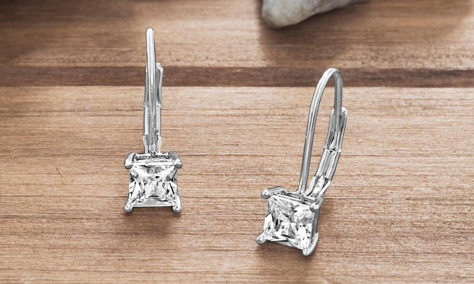 Diamond Princess Cut Leverback Earringin 18K White Gold Plated