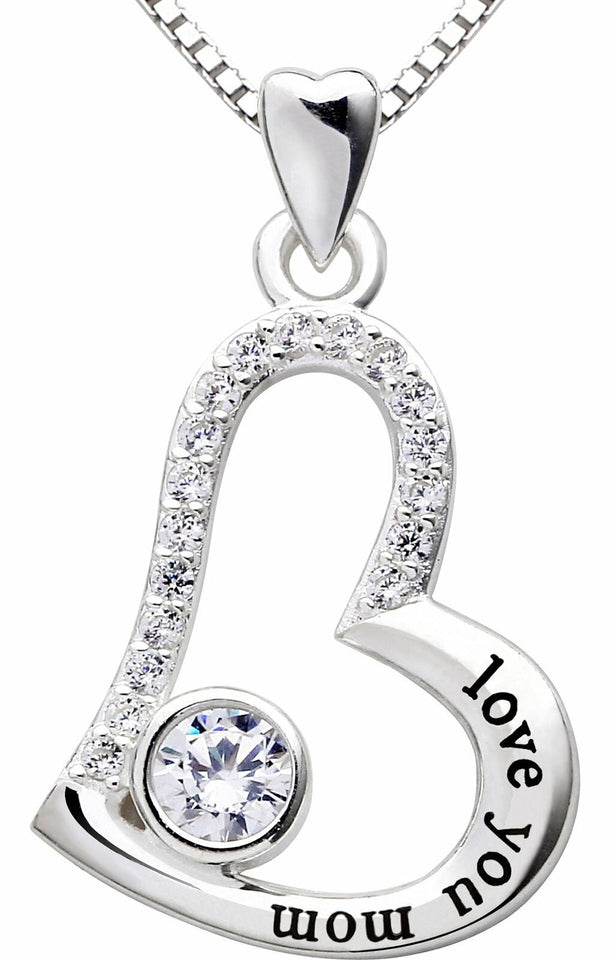 "I Love you MOM" Heart Necklace 18K White Gold Plated