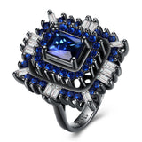 Blue & White Swarovski Halo Ring in Black Gun Plating