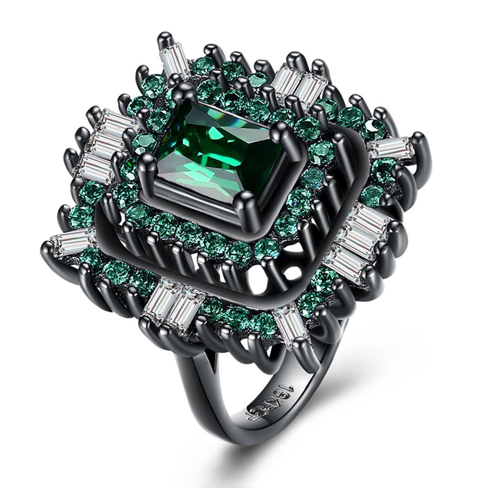Green & White Swarovski Halo Ring in Black Gun Plating