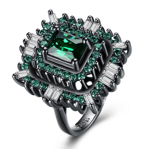 Green & White Swarovski Halo Ring in Black Gun Plating