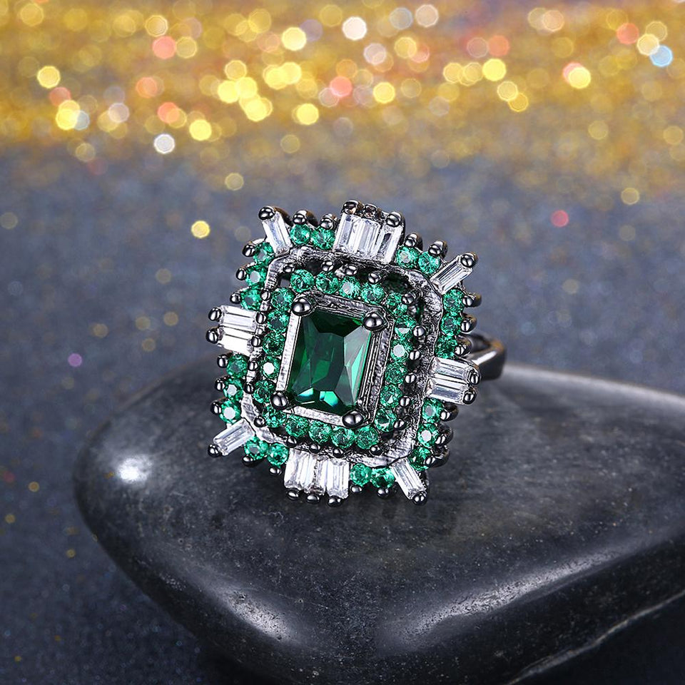 Green & White Swarovski Halo Ring in Black Gun Plating