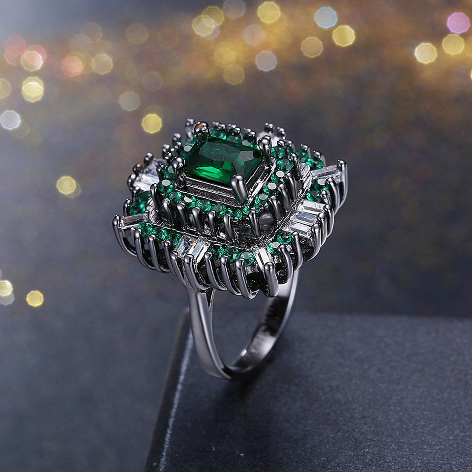 Green & White Swarovski Halo Ring in Black Gun Plating
