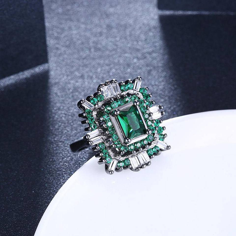 Green & White Swarovski Halo Ring in Black Gun Plating