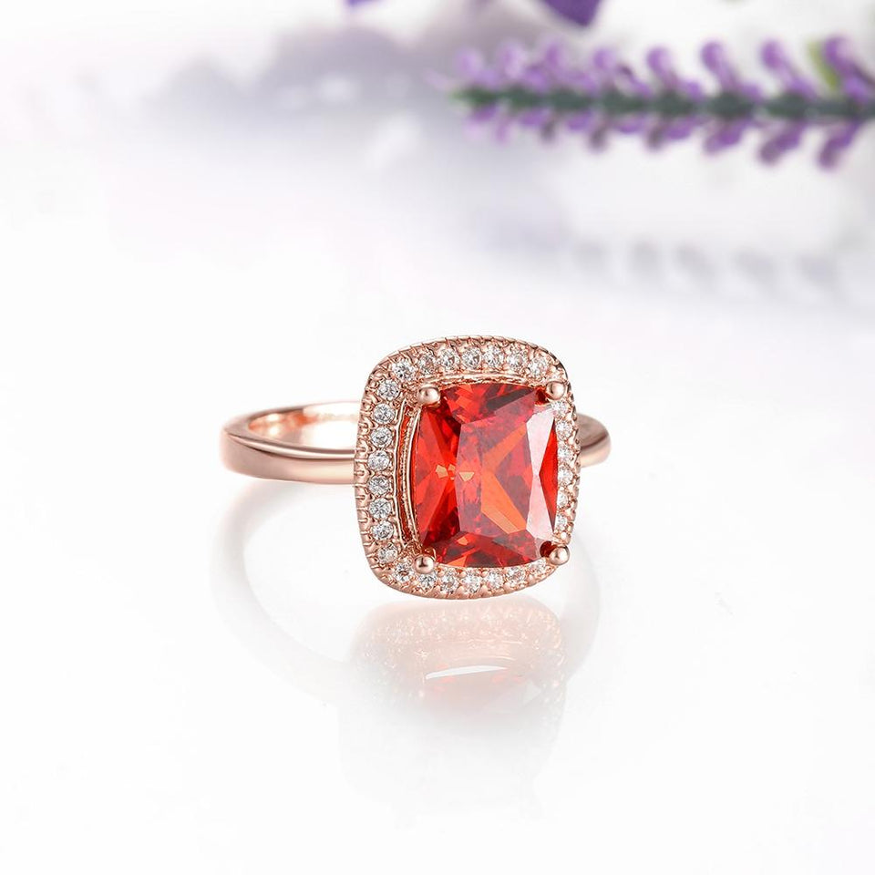 Ruby Emerald Cut 18K Rose Gold Halo Ring
