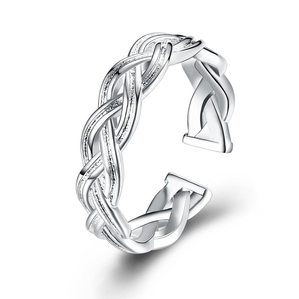 18K White Gold Plated  Adjustable Braided Ring