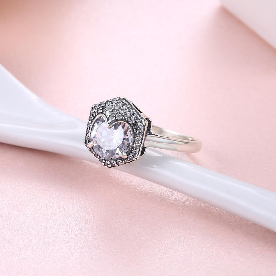 Sterling Silver Swarovski Elements Hectagon Halo Ring