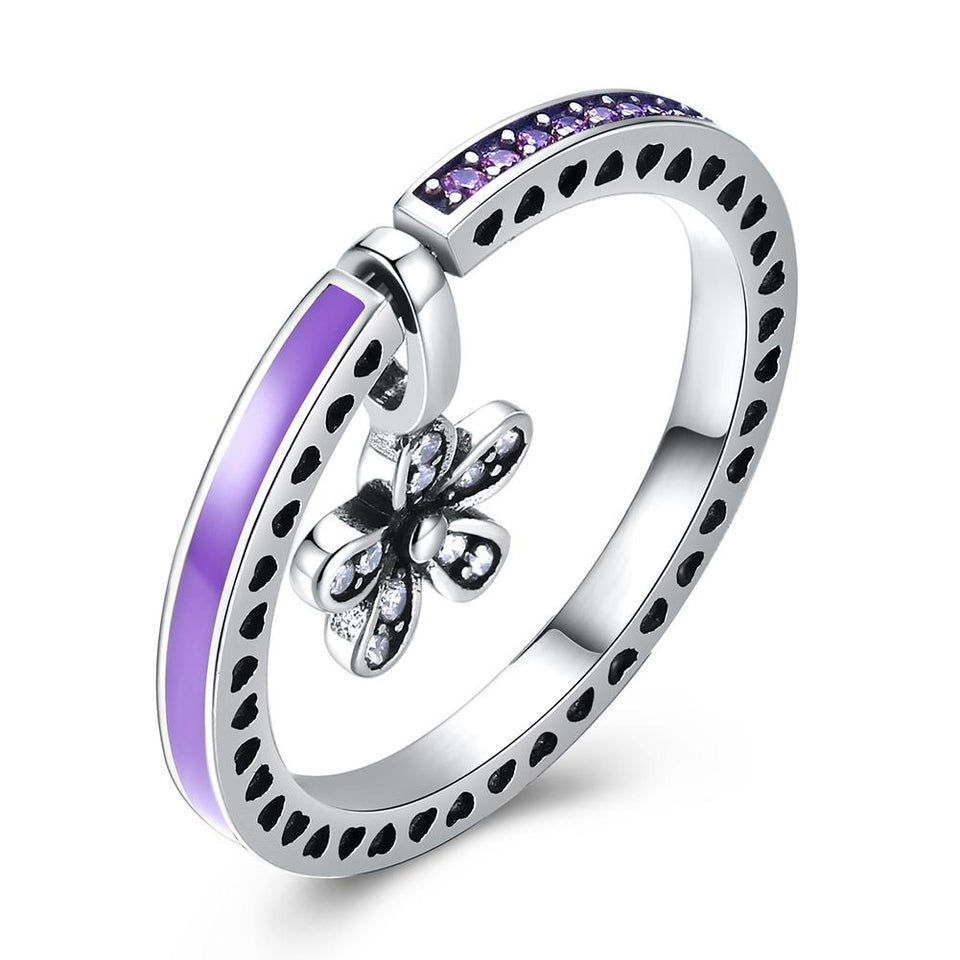 Sterling Silver Purple Enamel Clover Drop Ring