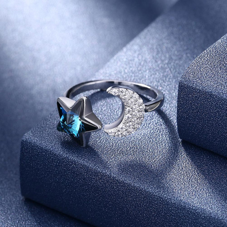 Sterling Silver Blue Swarovski & Moon Adjustable Ring