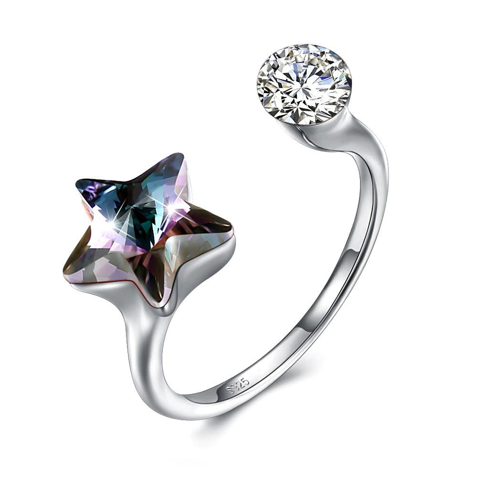 Black Sapphire Star Shaped Adjustable White Gold Ring