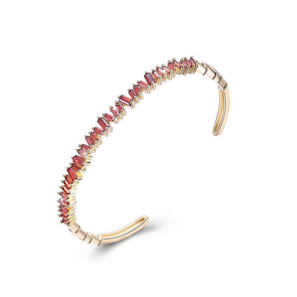 Sleek Emerald Cut Swarovski Open Bangle in 14K Gold - Red