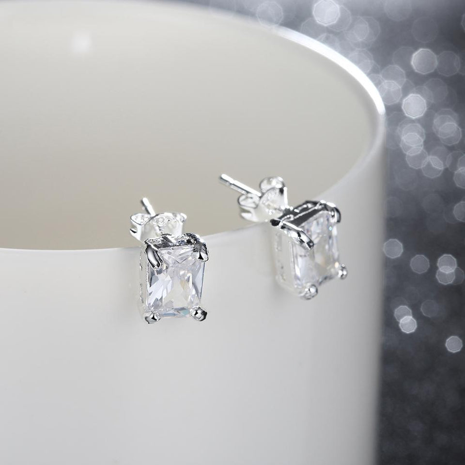 White Topaz Square Stud Earring in 14K White Gold Plated 6mm