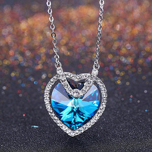Bermuda Blue Swarovski Crystals Sterling Silver Heart Necklace