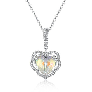 Aurora Borealis Stone Sterling Silver Swarovski Crystal Enchanting Heart Necklace