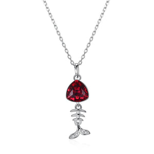 Ruby Stone Sterling Silver Swarovski Crystal Fish Necklace